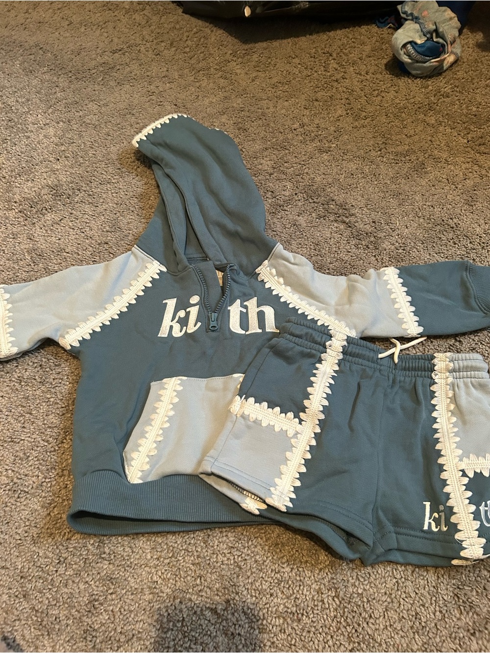 Kith Teal Hoodie and Shorts Set with Cream Lace Trim